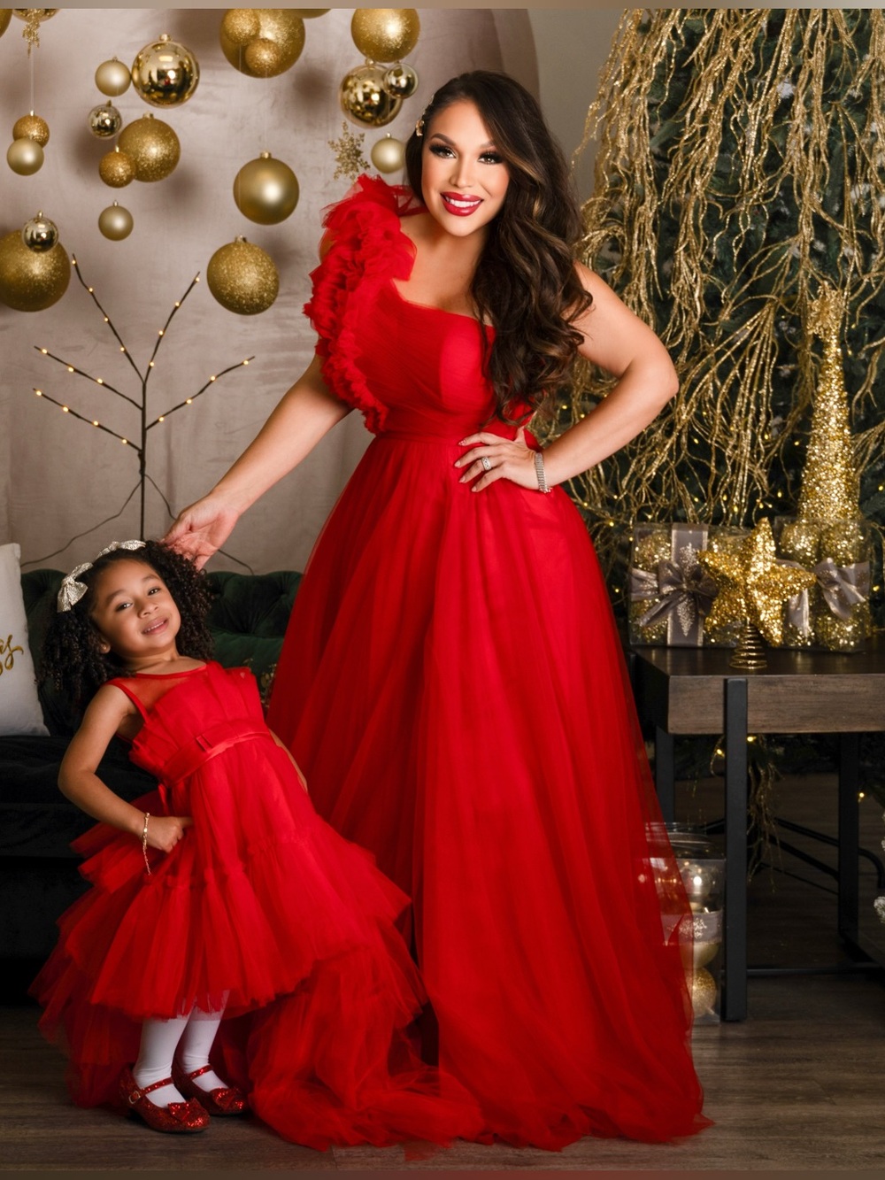 SHEIN Prive’ Red One-Shoulder Ruffle Tulle Evening Gown